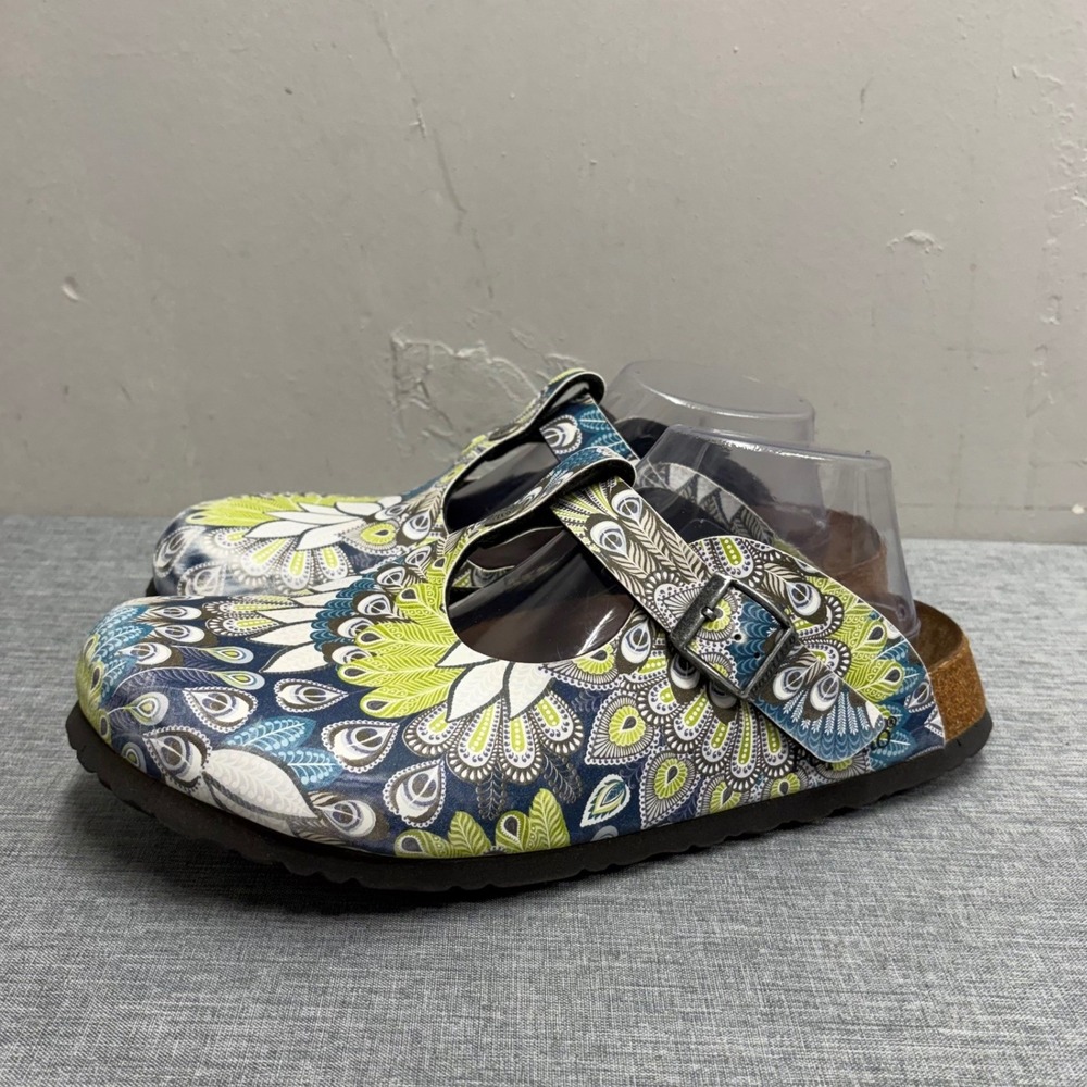 Papillio Birkenstock Clogs Women 41 L10 Blue Green Peacock Paisley T-Strap Shoes